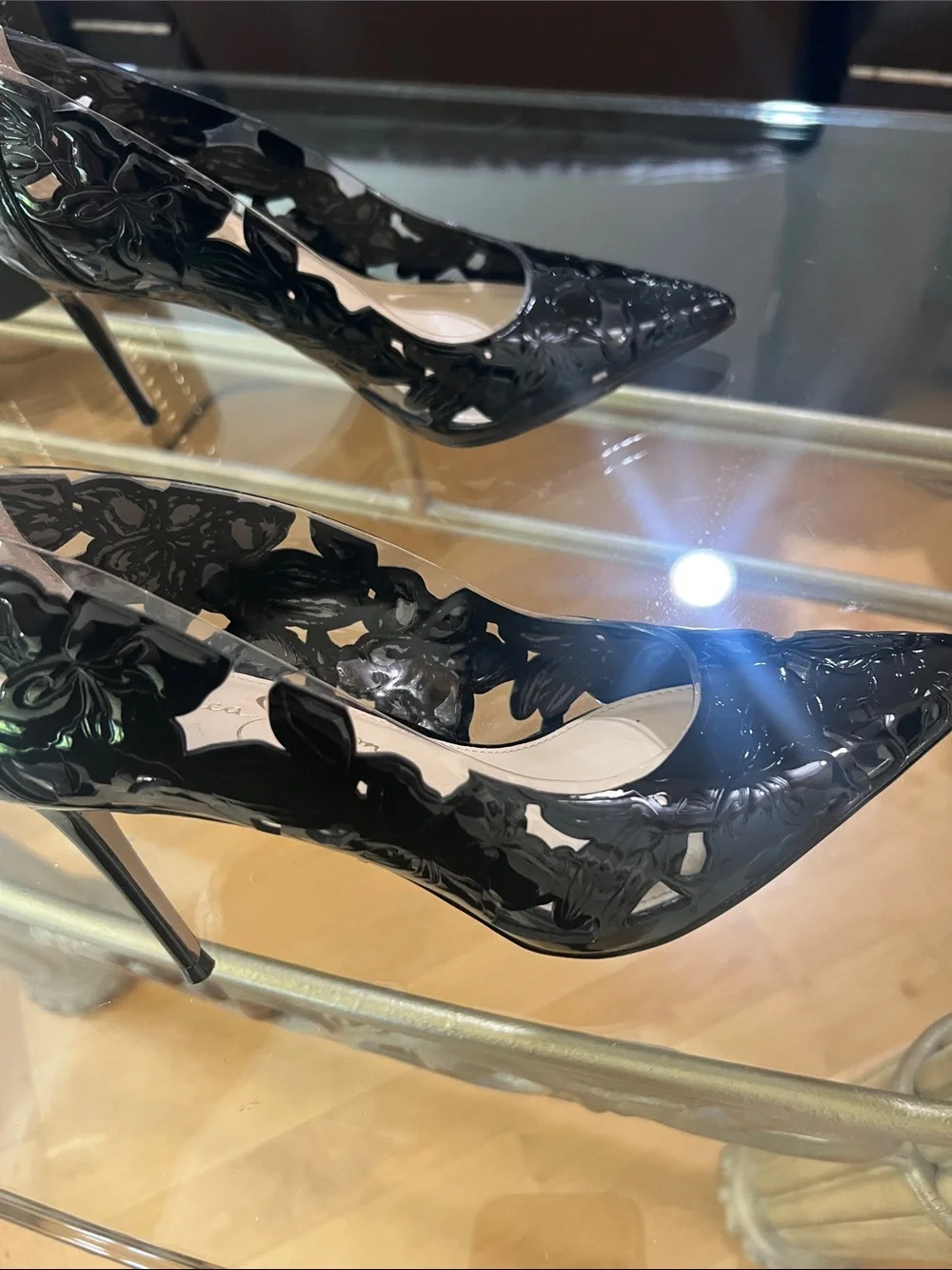 Jessica Simpson Black Patent Pointed Toe Pumps with Floral Embossing